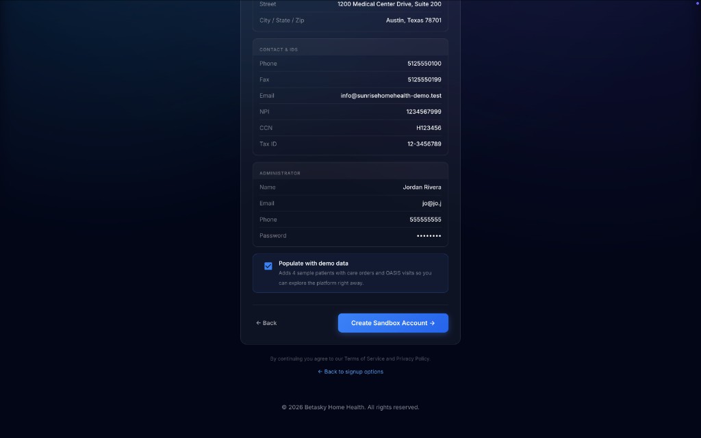 Populate with demo data checkbox