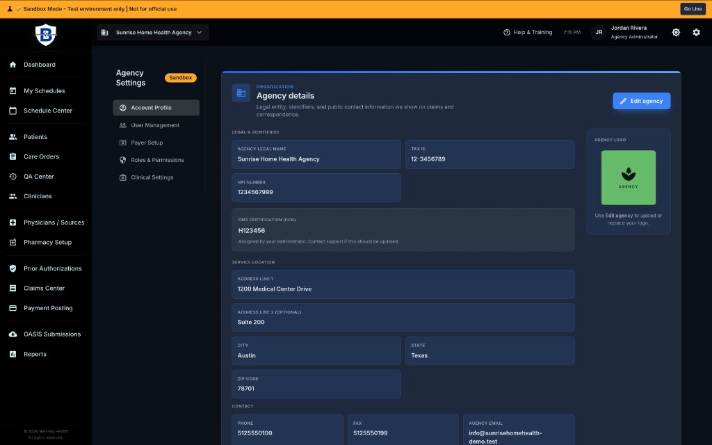 Agency Settings Page