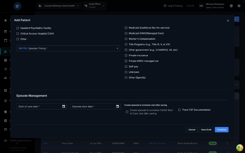Add Patient - Clinical/Diagnosis Tab