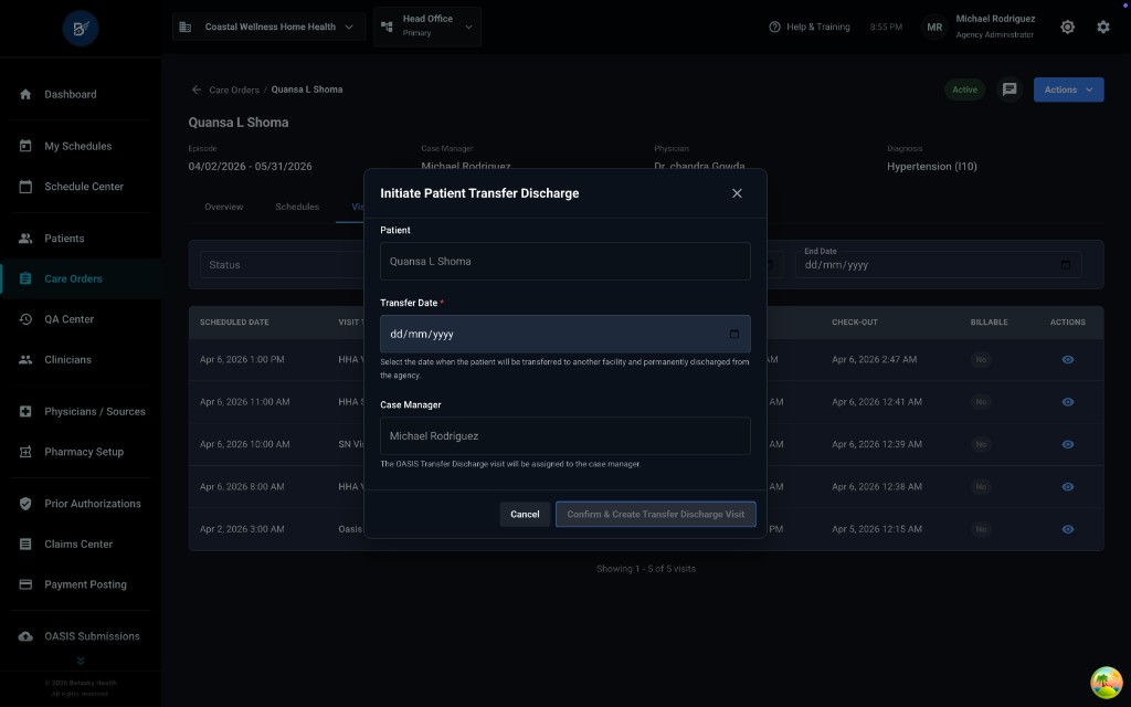 Initiate Patient Transfer Discharge Modal